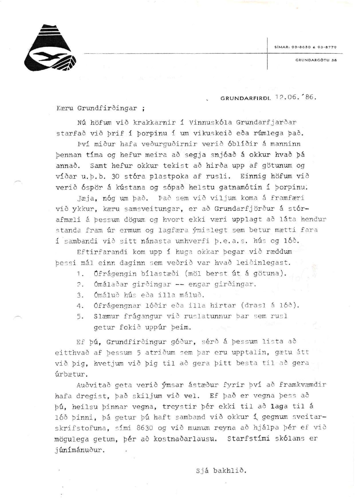 Vinnuskólinn 1986 Gamalt bréf frá vinnuskólakrökkum til íbúa Grundarfjarðar