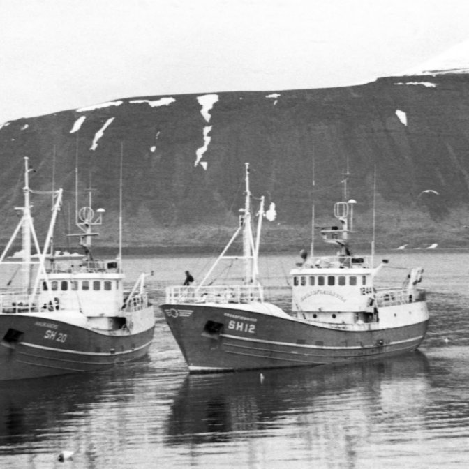 Netavertíð árið 1981. Í maímánuði er Haukaberg SH-20 að koma inn til löndunar og Grundfirðingur SH-12 sem hefur lokið löndun bakkar frá og leggst síðan utan á Haukaberg.
