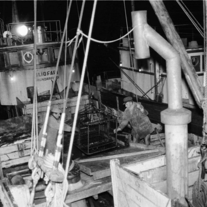 Landað úr Blíðfara SH-103. Á myndinni má þekkja Björn Ásgeirsson skipstjóra. Gaman væri ef einhver bæri kennsl á hinn manninn á myndinni. Utan á Blíðfara liggur Sigurfari SH-105.