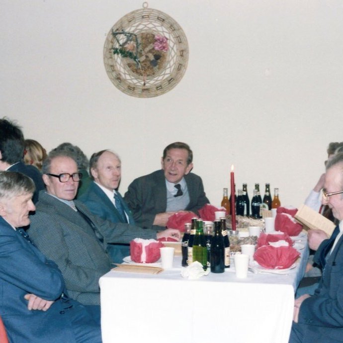 Þorrablót 1985, þorrablótsgestir. Sigríður Anna Þórðardóttir, Sigurður Helgason, Pétur Konráðsson, Runólfur Þorkelsson, Kristján Kristjánsson, Karl Friðleifsson og Bergþóra Sigurðardóttir.