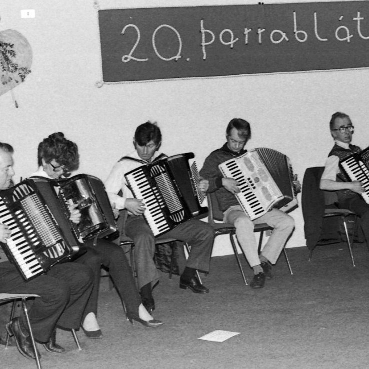 Harmonikkuleikur og félagsstörf voru stór partur af lífi Laugu, hér er hún ásamt harmonikkufélögum að spila á þorrablóti Hjónaklúbbsins. Talið frá vinstri eru þau Aðalsteinn Friðfinnsson, Guðlaug Guðmundsdóttir, Tryggvi Gunnarsson, Níels Friðfinnsson og Karl Friðleifsson. Þau eru betur þekkt sem Alli Finna, Lauga á Hömrum, Tryggvi á Völlum, Nilli Finna og Kalli færeyingur.