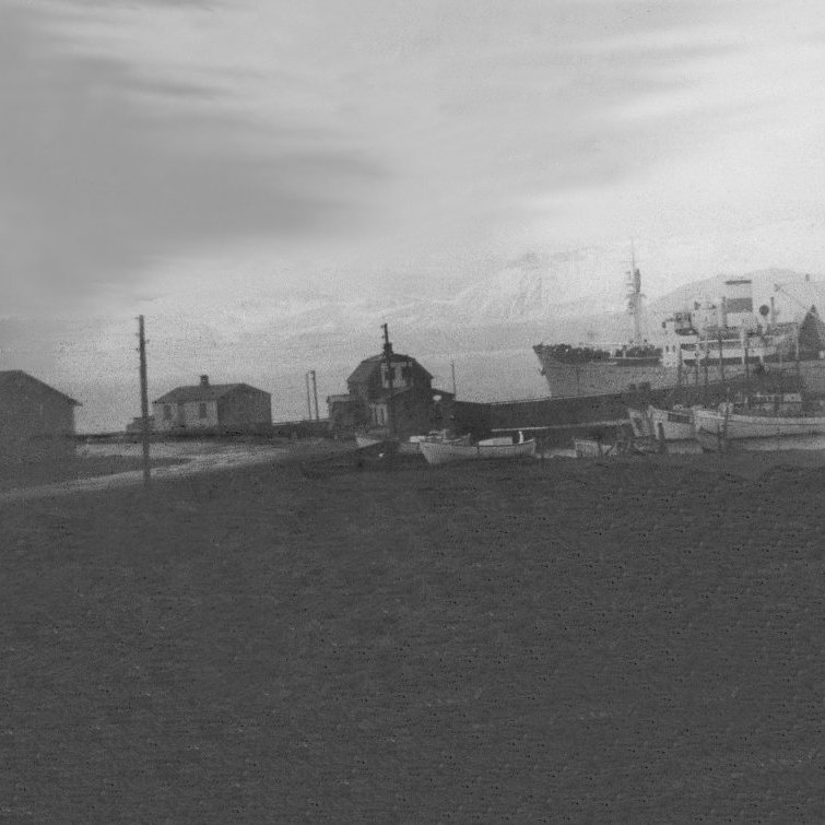 Þessi mynd er bæði skemmtileg og áhugaverð, því miður er hún dimm og nokkuð skemd. Húsin sem þarna eru komin eru Neshúsin, Svansskáli og Kaupfélagið. Þrír bátar liggja við litlu bryggju og skip við hausin á stóru bryggju, trillur og árabátar eru þarna dregnir upp fyrir neðan Kaupfélagið og var sá staður notaður í mörg ár fyrir smábátanna.