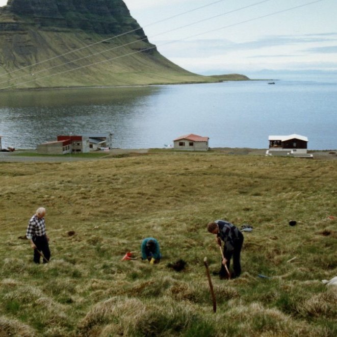 Þarna hafa orðið miklar breytingar á rúmum tuttugu árum, þarna er verið að byrja á skógræktinni fyrir ofan ystu húsin á Grundargötu sem einnig hafa tekið breytingum, alveg sérstaklega þó gróðurinn sem hefur dafnað og tré sem sett voru niður um þetta leyti eru í dag myndarleg tré sem veita mikið skjól. Guðmunda Hjartardóttir, Jón Hansson og með þeim er Hildibrandur Bjarnason frá Bjarnarhöfn.