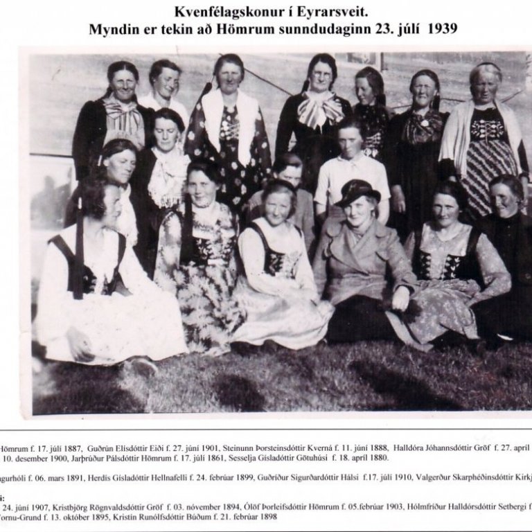 Kvenfélagskonur í Eyrarsveit. Myndin er tekin að Hömrum, sunnudaginn 23. júlí 1939 - segir á mynd.