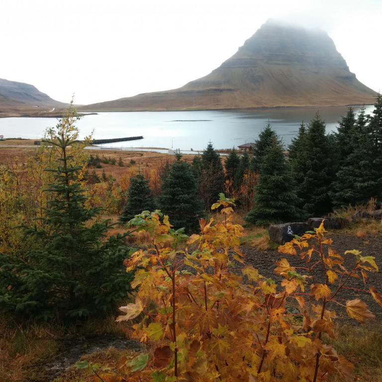 Mynd tekin yfir áningarstað undir vestara Hellnafelli til Kirkjufells.