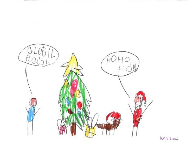 Mynd Leons Loga 6 ára, af jólasveininum, jólakettinum og honum sjálfum um jólin