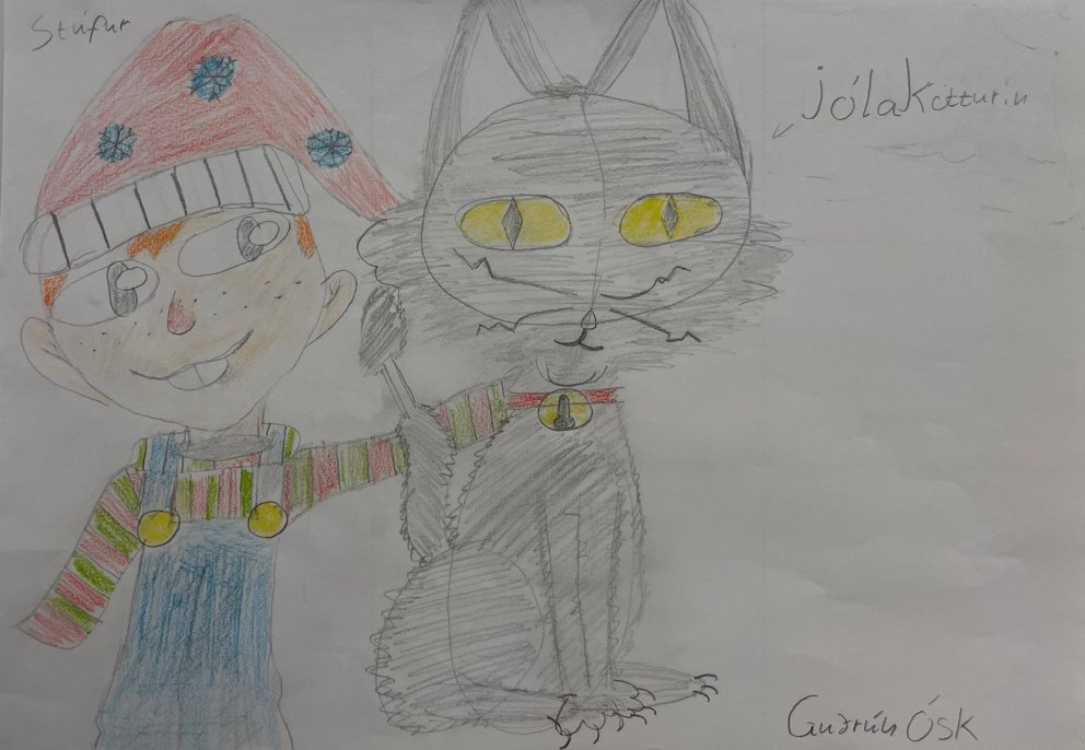 Verðlaunamyndin sem Guðrún Ósk teiknaði - Stúfur knúsar jólaköttinn.