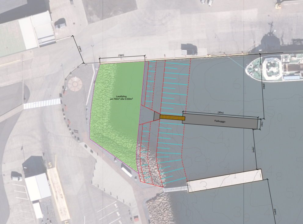 Skýringarmynd sem sýnir viðbótarland - stækkun í krikanum við Norðurgarð.