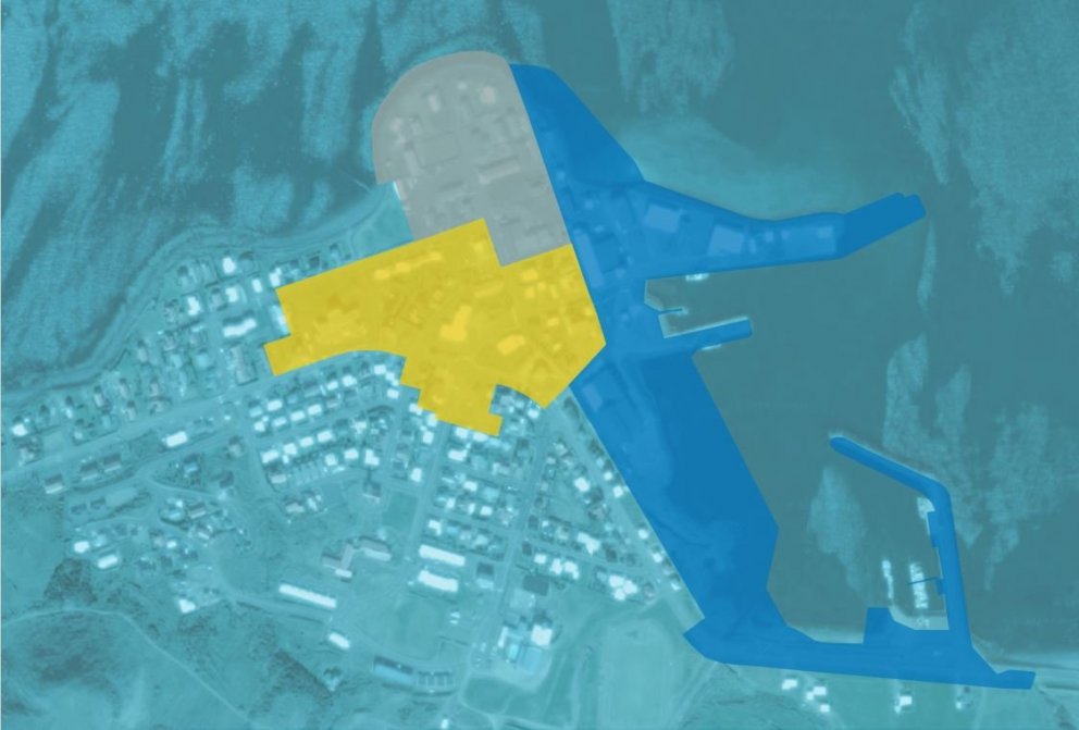 Skipulagsvinnan nær til norðari hluta hafnarsvæðis (blátt) og til Framness (grátt) auk Torfabótarinn…