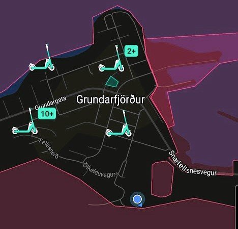 Hopphjól í Grundarfirði - skjáskot úr Hopp smáforritinu sem hlaðið er niður í síma