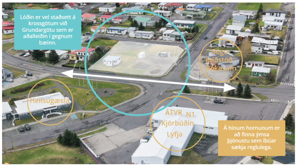 Miðbæjarreitur, sem ætlunin er að kynna á næstunni, með uppbygginu í huga.