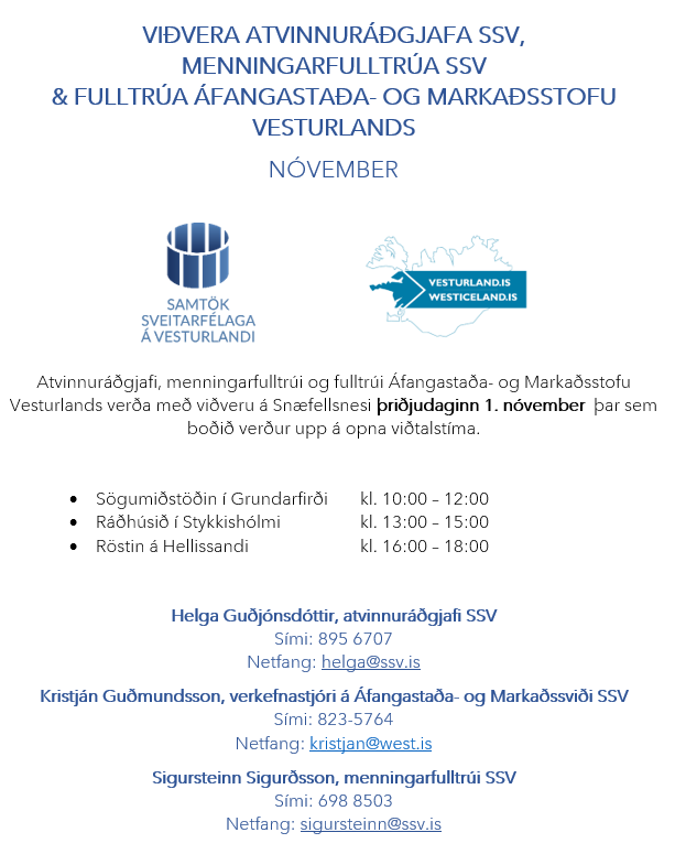 VIÐVERA ATVINNURÁÐGJAFA SSV,  MENNINGARFULLTRÚA SSV  & FULLTRÚA ÁFANGASTAÐA- OG MARKAÐSSTOFU VESTURL…